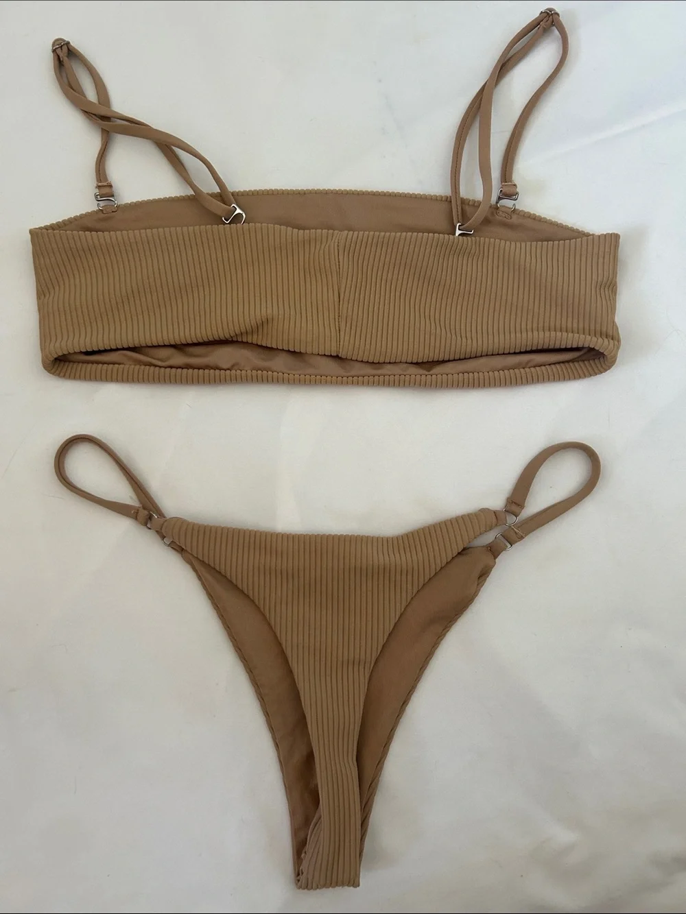 Frankies Bikinis Scarlet Ribbed Bandeau Bikini Set Top & Bottoms in Tan Nude